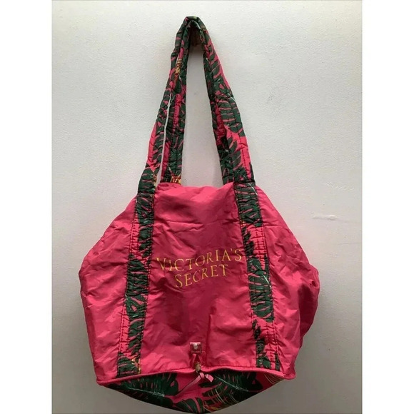 Victoria's Secret Overnight Weekender Tote Bag Packable Folding Pink Tropical - Picture 9 of 9